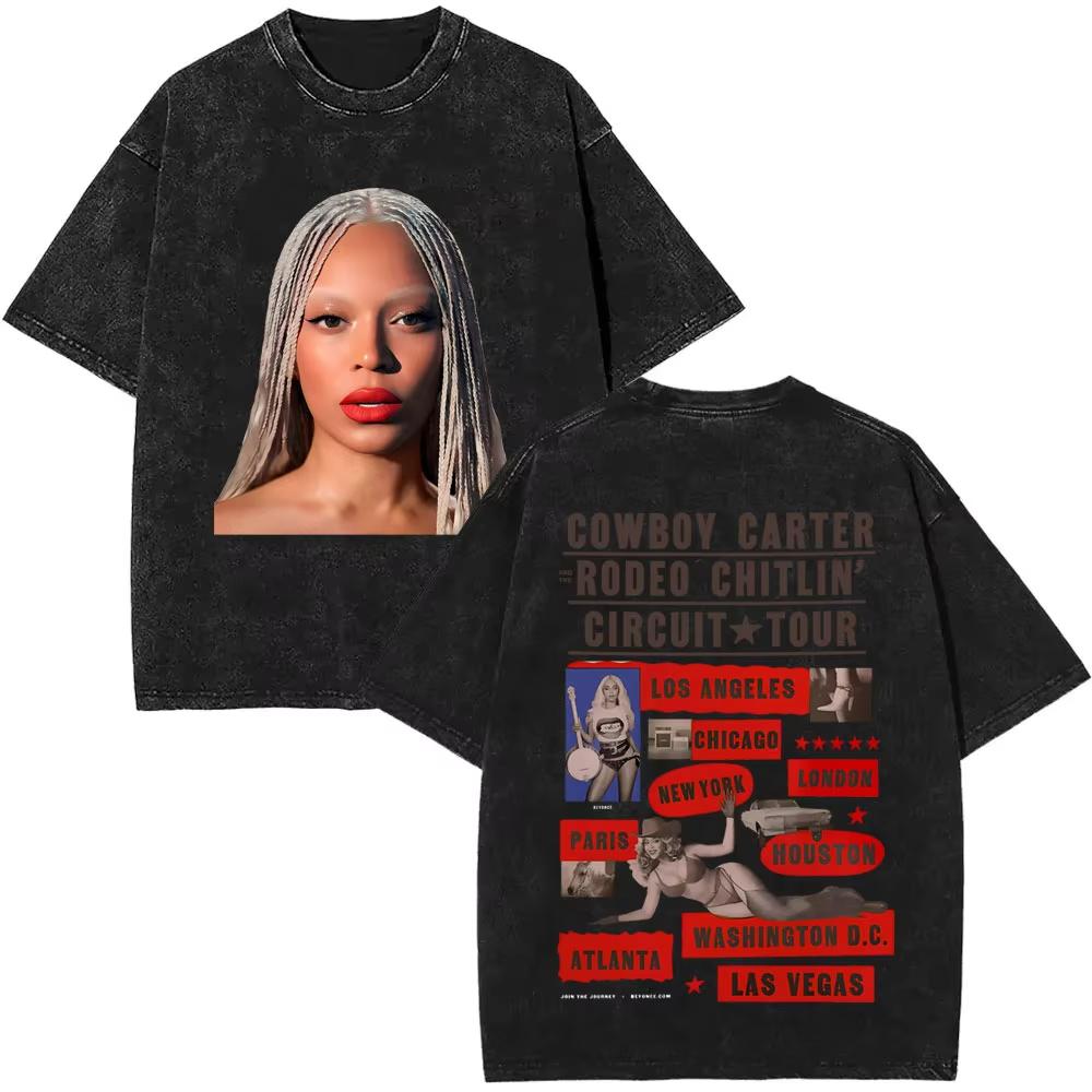 Singer Beyonce Pop Music Album Logo Washed Tshirt Cowboy Carter T Shirts Men Vintage Oversized Tee Shirt Casual Cotton Tshirts