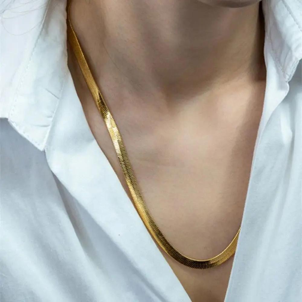 Copper 18K Gold Plated 4mm Flat Chain Necklace for Women, Luxury Jewelry, Wedding Gift, Clavicle Necklace