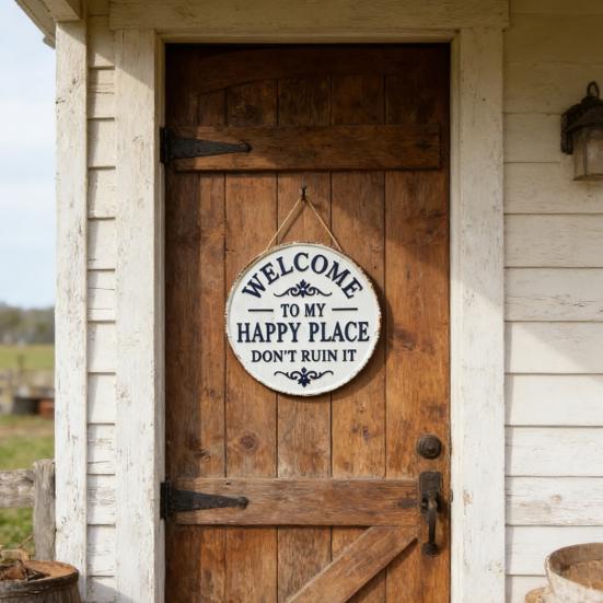 Welcome Sign for Front Door Round Metal Welcome To My Happy Place Hanging Plaque for Home Office Bedroom Kitchen Dining Bar Decor