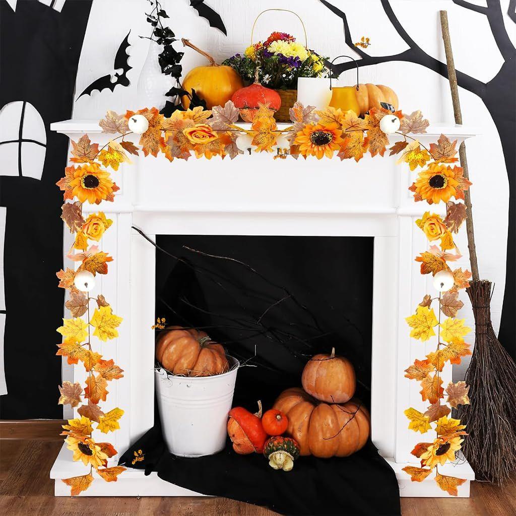 Herbst Ahornblatt Kürbis Girlande mit Beeren, 2M/6.5FT Künstliche Herbstlaub Hänge-Ranke für Zuhause, Thanksgiving, Halloween