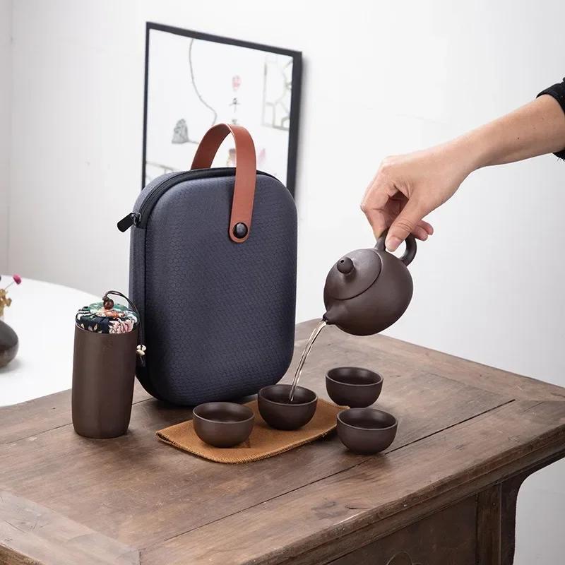 Purple Sand Travel Teaware Set One Pot Four Cups Portable Crack Cup Kung Fu Tea Set Chinese Purple Sand