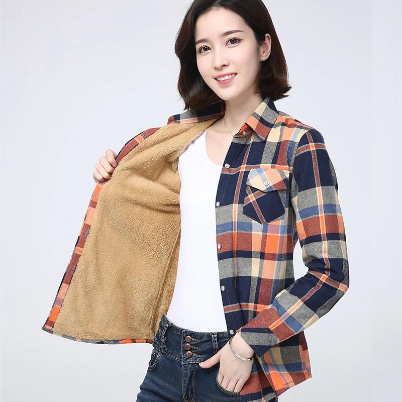 Winter Dames Warme Plaid Shirt Jas Casual Fleece Fluweel Plus Dikke Tops Merk College Stijl Dameskleding Bovenkleding