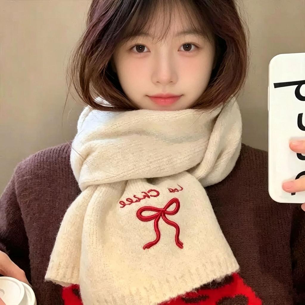 Korean version embroidered bow knitted scarf women's autumn and winter warm versatile solid color wool scarf student couple