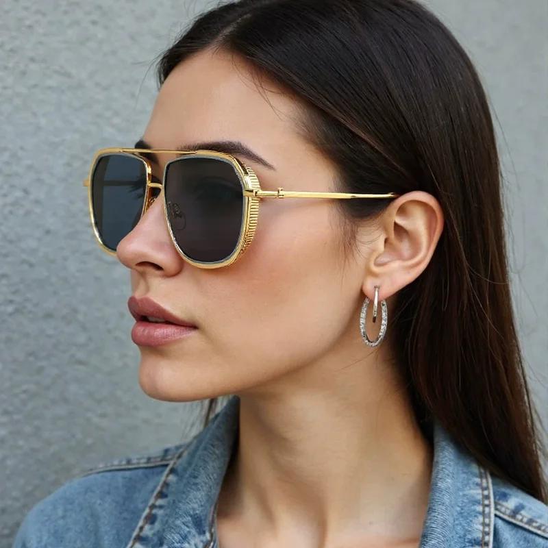 Retro Double Bridge Square Sunglasses UV400 Fashion Brand Men's Eyewear Shades Trendy Punk Women Luxury Gradient Sun Glasses