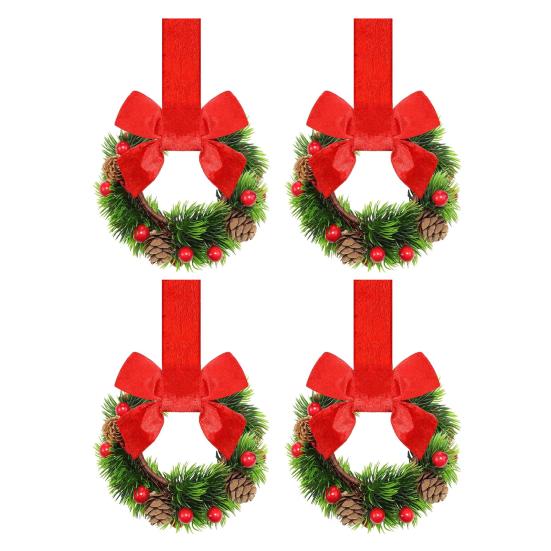 Mini Christmas Wreath with Red Velvet Bow Cabinet Door Decor for Kitchen Window Farmhouse Front Door Wall Fireplace Berry Garland