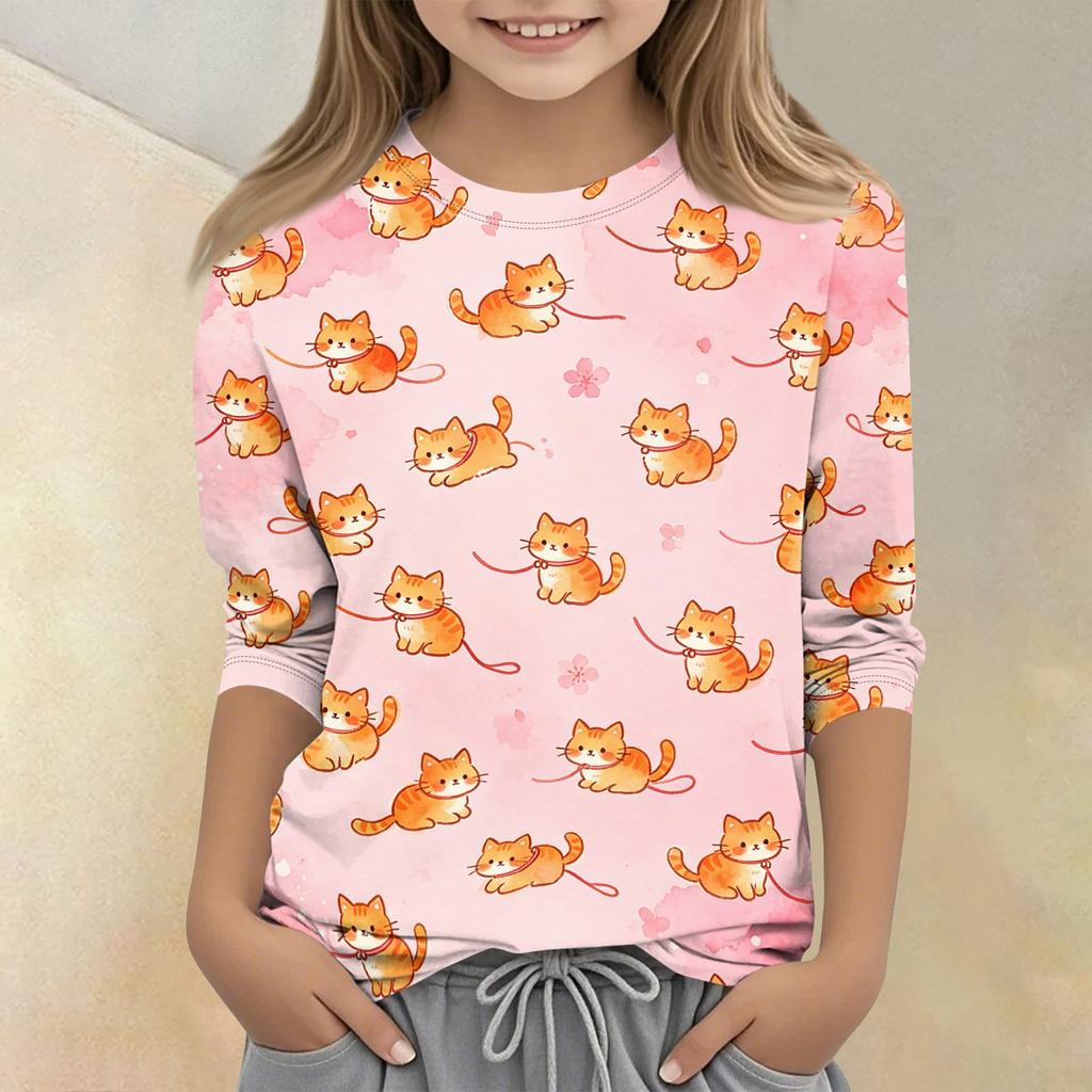 Barn T-shirt med Djurtryck Rund Hals 3/4 Ärm Casual Mjukt Tyg Bekväm Passform Lätt Design Lämplig för Vardagsbruk