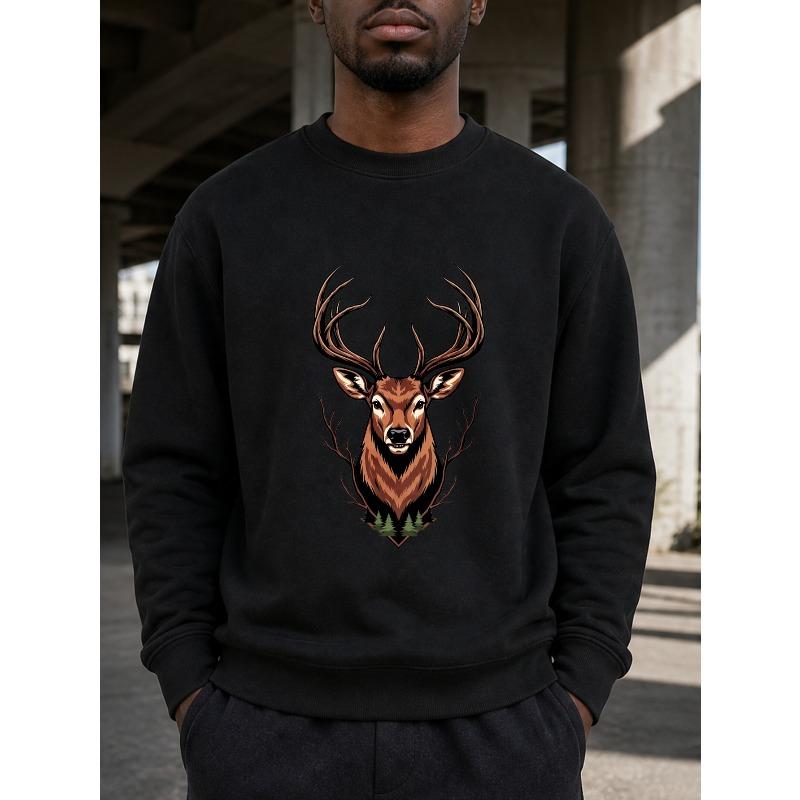 Herren Mode Herbst Winter, Pullover mit Hirsch-Grafikdruck, Kleidung für die Feiertagsparty, Lässige Streetwear, Geschenk für Ihn, Bequem mit Langen Ärmeln