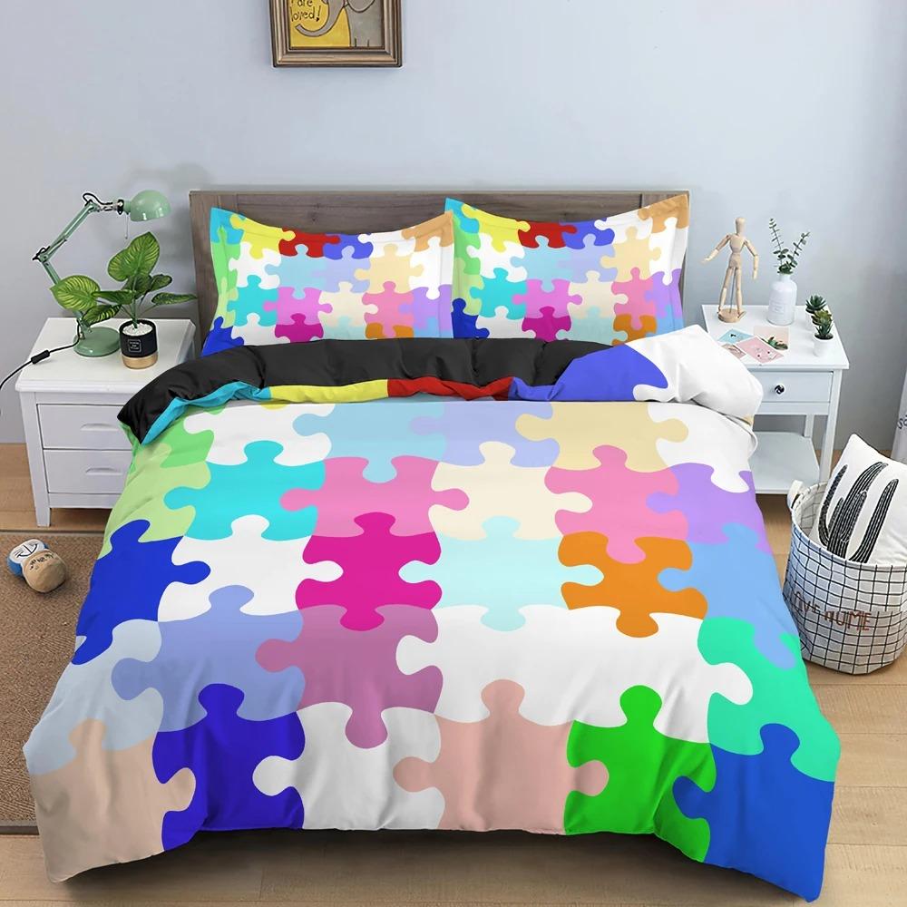 3D Print Colorful Puzzle Duvet Cover King Queen Geometric Figure Quilt Cover Simple Polyester Bedding Set for Kids Boys Girls