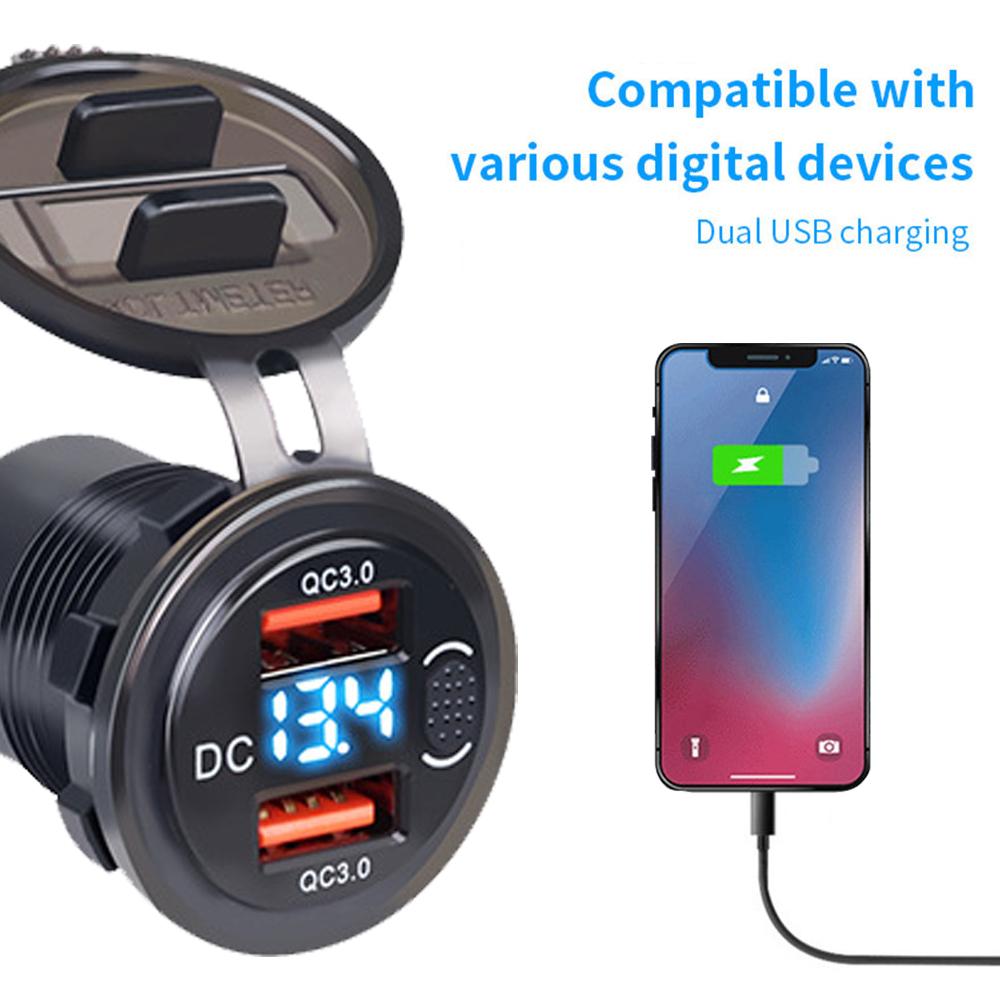 12V/24V Dobbel USB QC3.0-uttak Billader USB-tenneruttak Vanntett Med LED-voltmeter PÅ/AV-bryter Hurtigladeadapter Biltilbehør