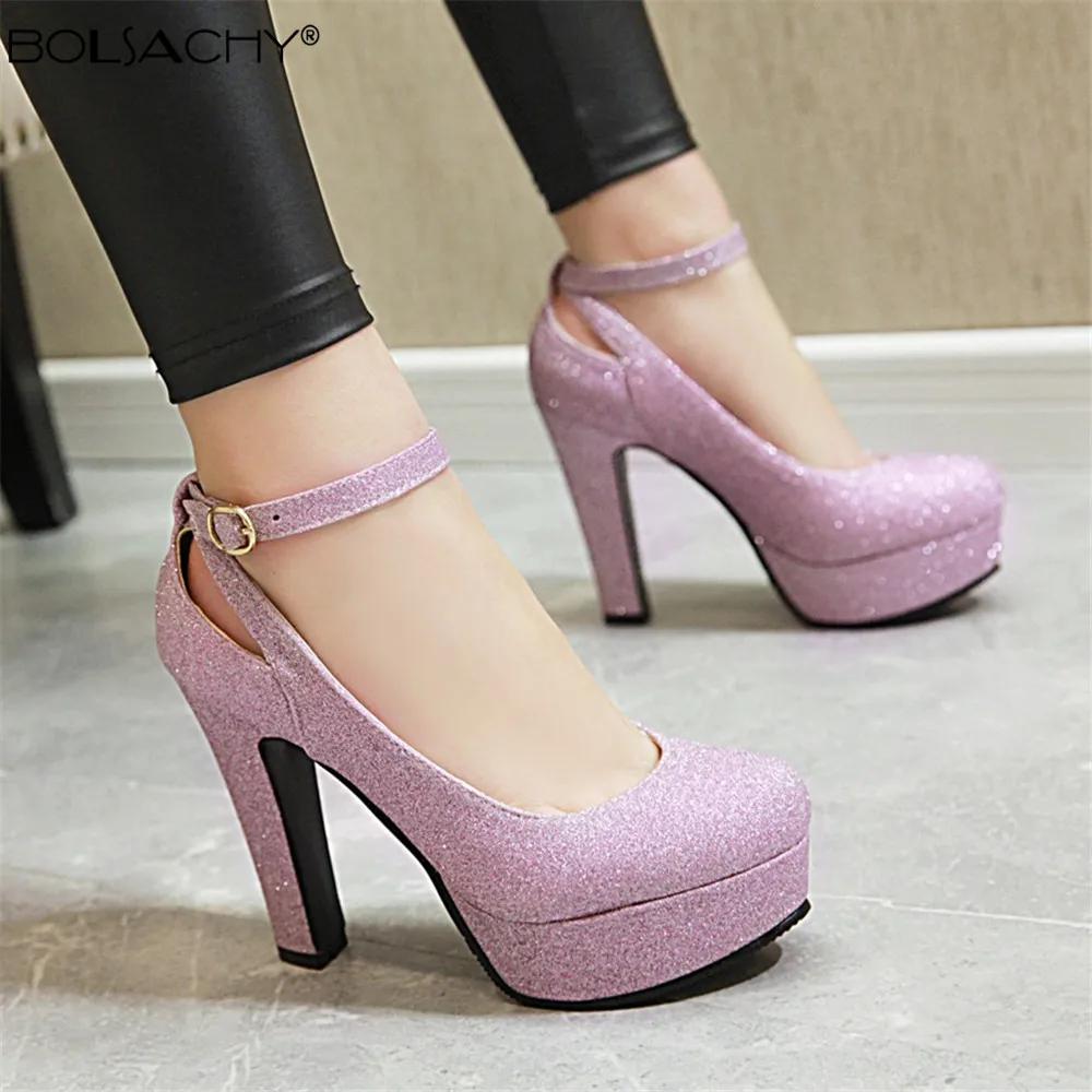 Talons hauts à bride cheville Sexy Escarpins pour femmes Tissu à paillettes brillantes Plateforme épaisse Chaussures de soirée pour femmes Boucle Découpé Violet