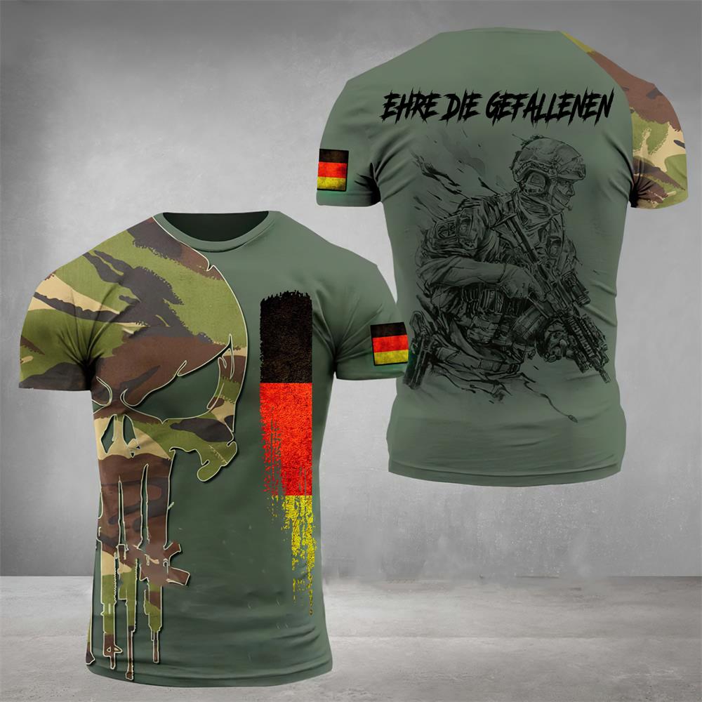 German T-shirt Men Skull Flag 3d Print Tops Fashion Veteran Short Sleeve O-neck Tee Casual Graphic Oversized Loose T Shirts