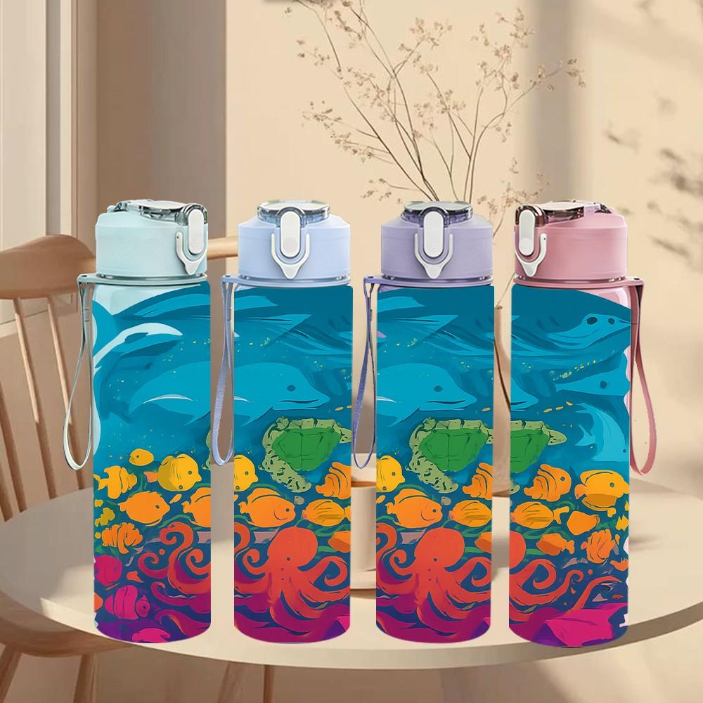 1PC Colorful Ocean Whale Art 750ml Color Plastic Sports Water Bottle Leakproof Flip Straw Lid Suitable for Sports Office Home Use