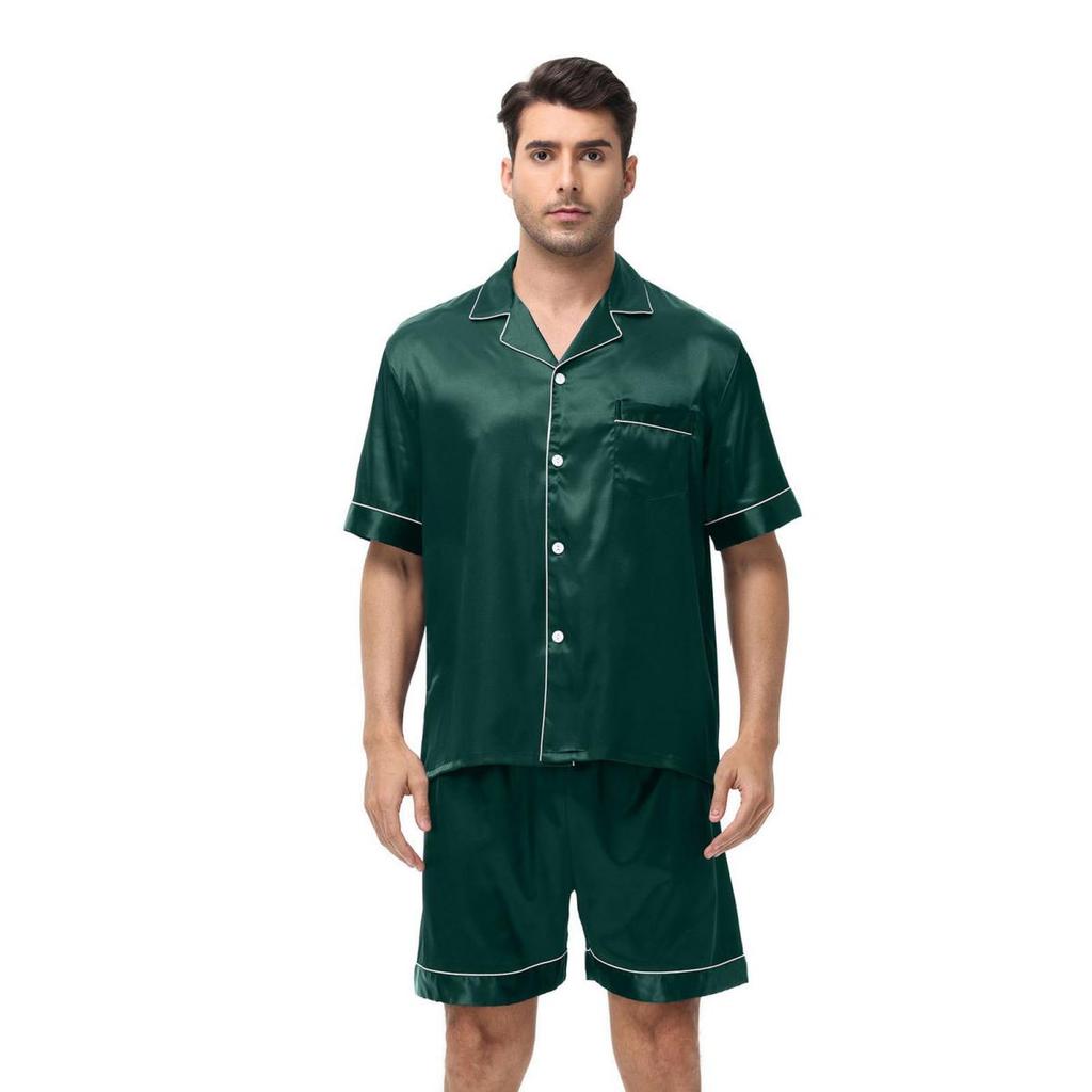 Yousheng 2 Buc/Set Set Pijama Bărbați Rever Mânecă Scurtă Topuri cu Nasturi Scurți cu Talie Elastică Set Culoare Solidă Satin Articole de Dormit
