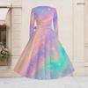 Women Plus Size V Neck Long Sleeve Rainbow Star Printed Tie Waist A Line Dress