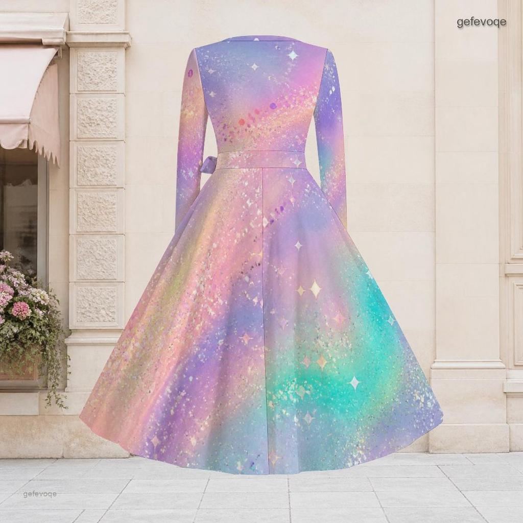 Women Plus Size V Neck Long Sleeve Rainbow Star Printed Tie Waist A Line Dress
