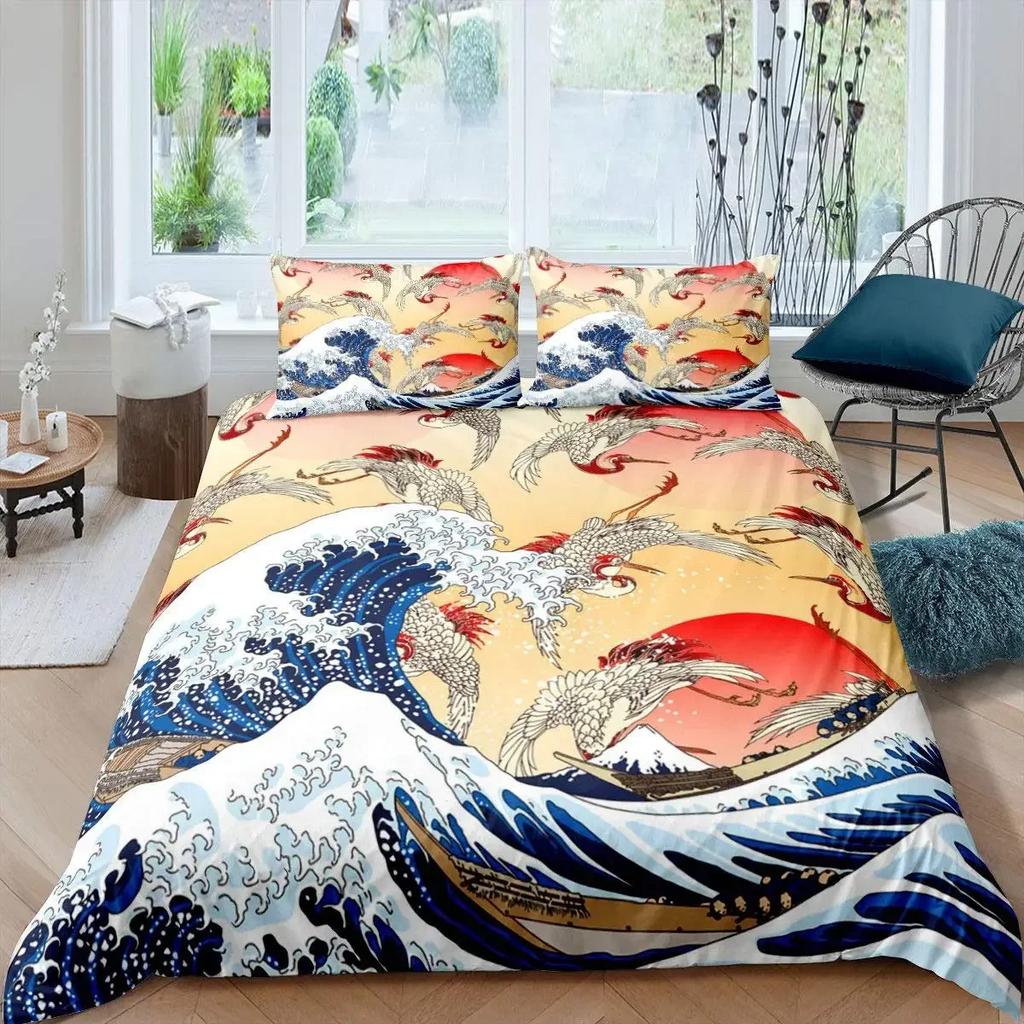 Japanese Wave King Quen Soft Duvet Cover Blue Sea Beding Set Maple Leaf Mon Comfortable Quilt Cover Hokusai Ukiyo-e Polyester Warm Comforter Cover