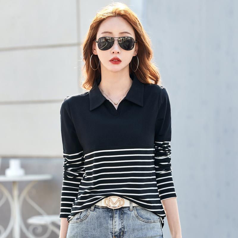 Spring and Autumn Women's Striped Splicing Stretch Slim Bottom Casual Hundred Lapel T-shirt