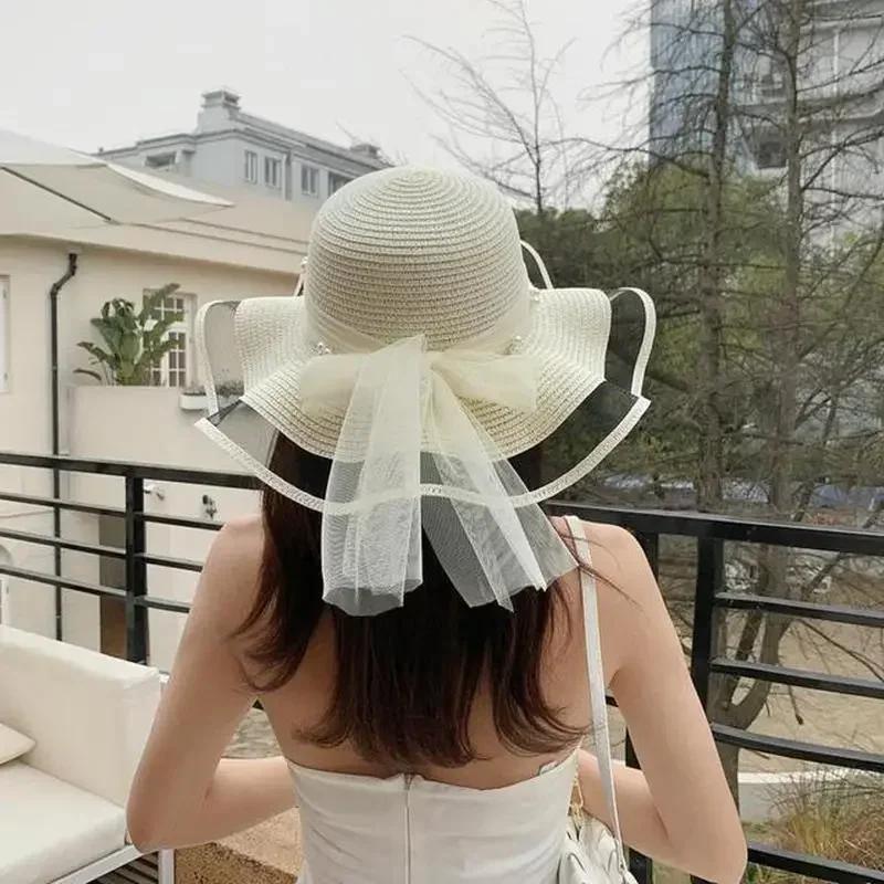 New Foldable Wide-brimmed Girl Straw Hat Pearl Sun Hat Beach Wave Protection Travel Lady Beach Hat