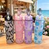 Water Bottle with Full Print of Flowers and Bowknot Patterns, Trendy & Stylish, Lightweight with Portable Lanyard, Durable