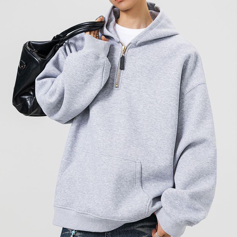 Effen Half-Zip Hoodie voor Mannen Losse Casual Dagelijkse Pullover Hoodie