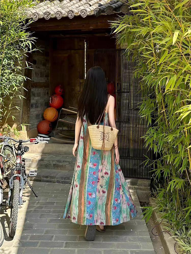 Women's Summer Seaside Floral Maxi Dress - Spaghetti Straps, French Retro Style