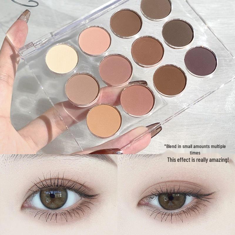Affordable 12-Color Transparent Eyeshadow Palette: Pearlescent, Matte, Milk Tea & Earth Tones—Perfect for Students & Trendsetters.