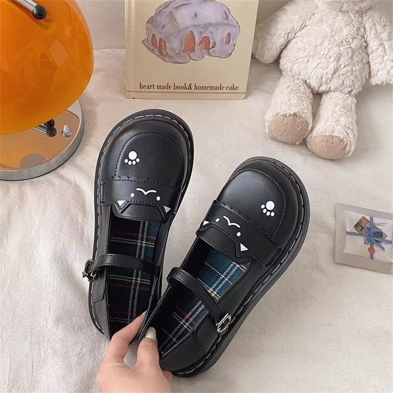 Women's British Style Thick Bottom Pumps Buckle Single Shoes Lolita Kawaii Cat Flat Mary Janes Shoes Preppy Style Student Pumps