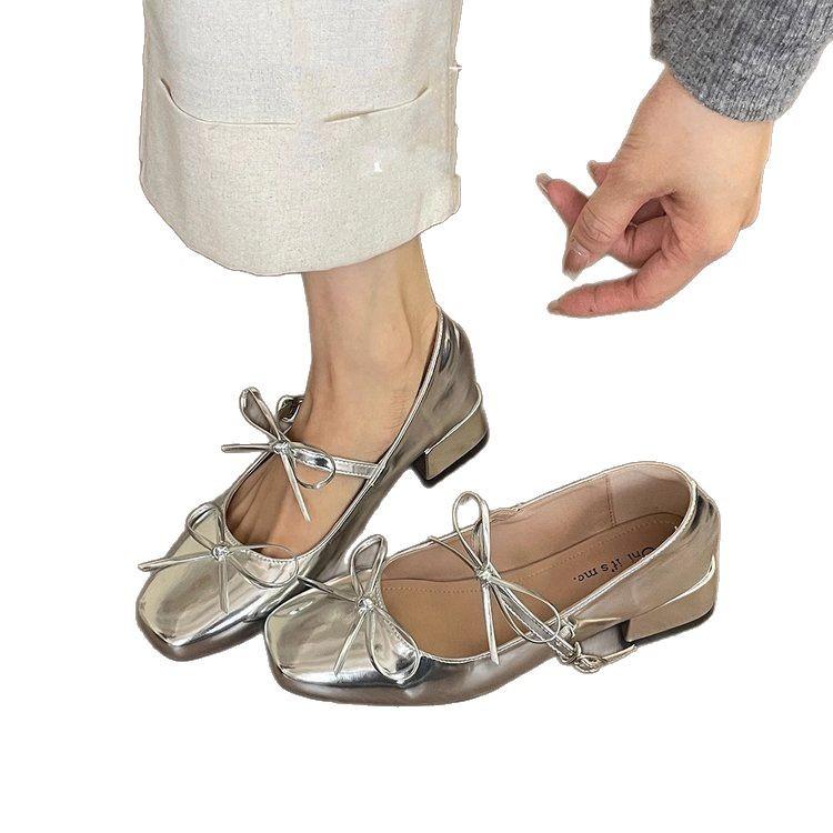French bow light mouth red single shoes women's spring and autumn new retro fairy ballet thick heel Mary Jane small leather shoes