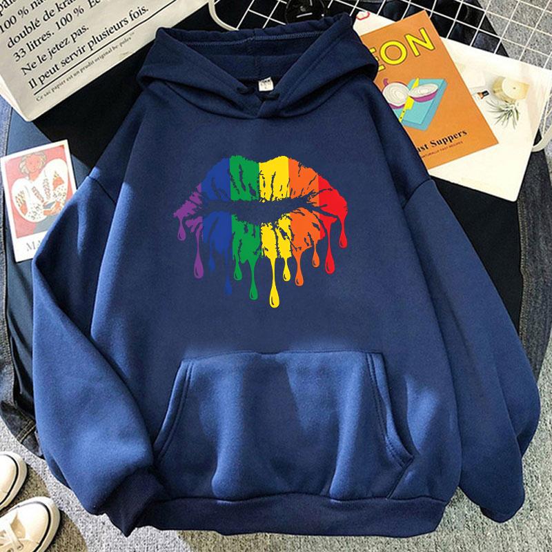 Women'S Winter Autumn Fashion Hooded Casual Long Sleeve Lgbt Pride Rainbow Lips Hoodies Sweatshirts Loose Pullover