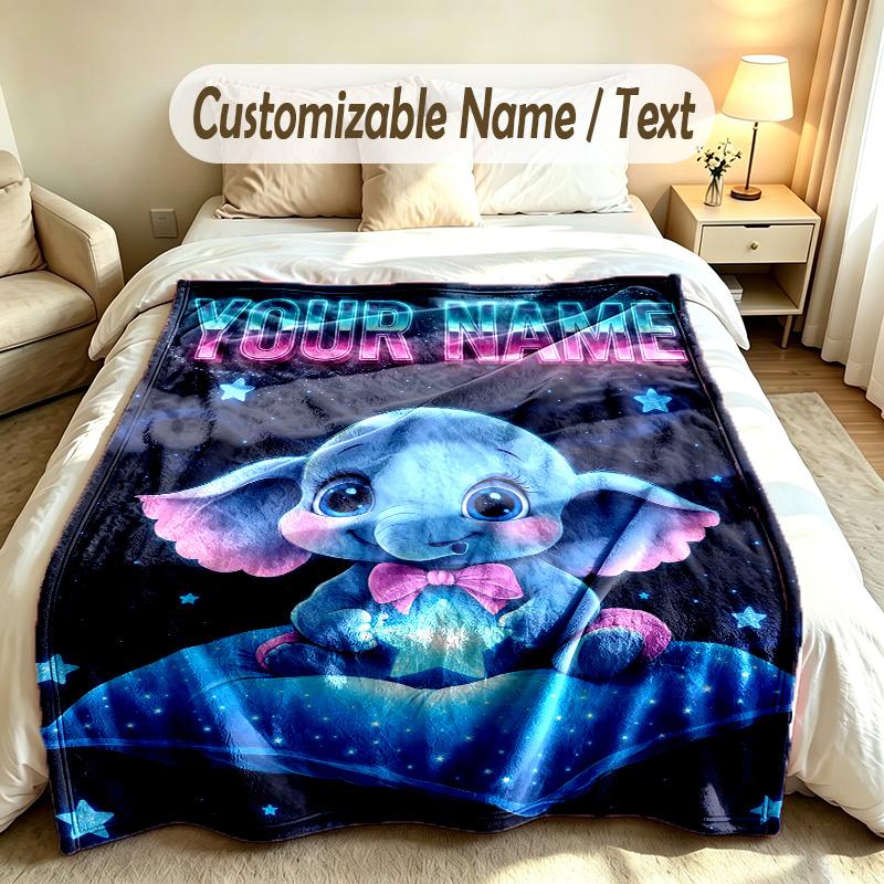 Elephant Theme Soft Blanket Personalized Custom Name Text Print Warm Blanket Home Sofa Bedroom Decor