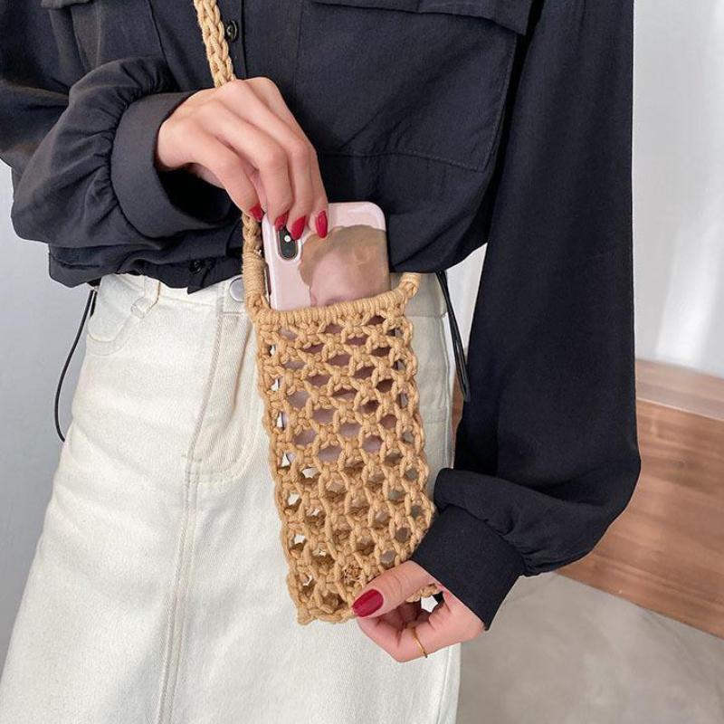 Damenmode Kleine Umhängetasche für Handy Einfarbig Gehäkeltes Aushöhlmuster Leichtgewichtige Geflochtene Schulterhandtasche Umhängetaschen