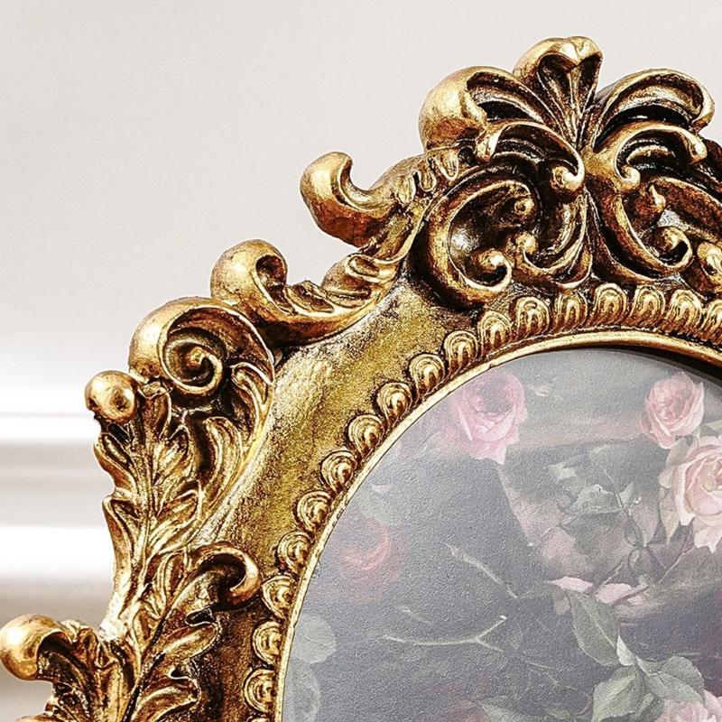 Elegant Baroques Resins Photo Frame with Antique Design Vintage Round Golden Picture Frame Wall Hanging or Desktop