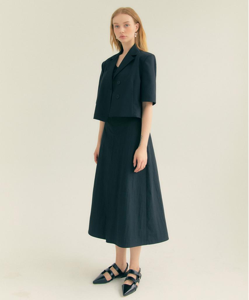 Fry Height Cotton Pleated A-Line Long Skirt Black