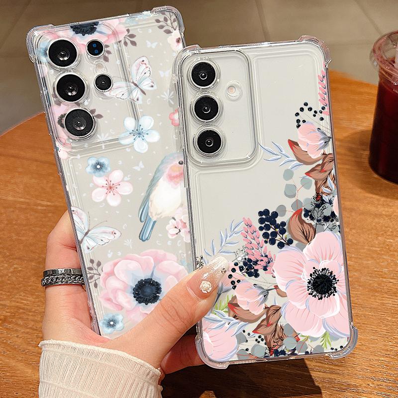 Retro Flowers Patterned Phone Case For Samsung Galaxy S26 S25 S24 S23 Ultra S22 Plus S21 S24 S25 FE Clear Shockproof Soft Cover