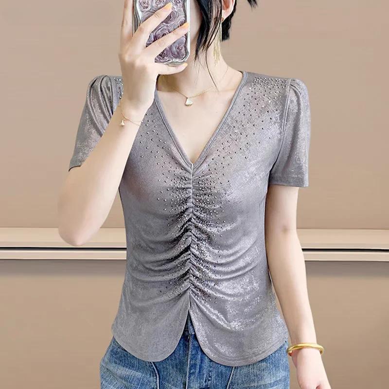 Tricou de vară sexy cu gât în V, streetwear, pentru femei, șic, de lux, cu diamante fierbinți, slim, topuri elegante cu mânecă scurtă