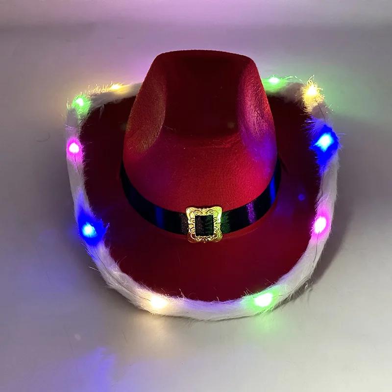 Weihnachtsmann Westernhut Weihnachten LED Leuchtender Cowboyhut Roter Filz Breite Krempe Cowgirl Jazzhut für Party Kostümzubehör