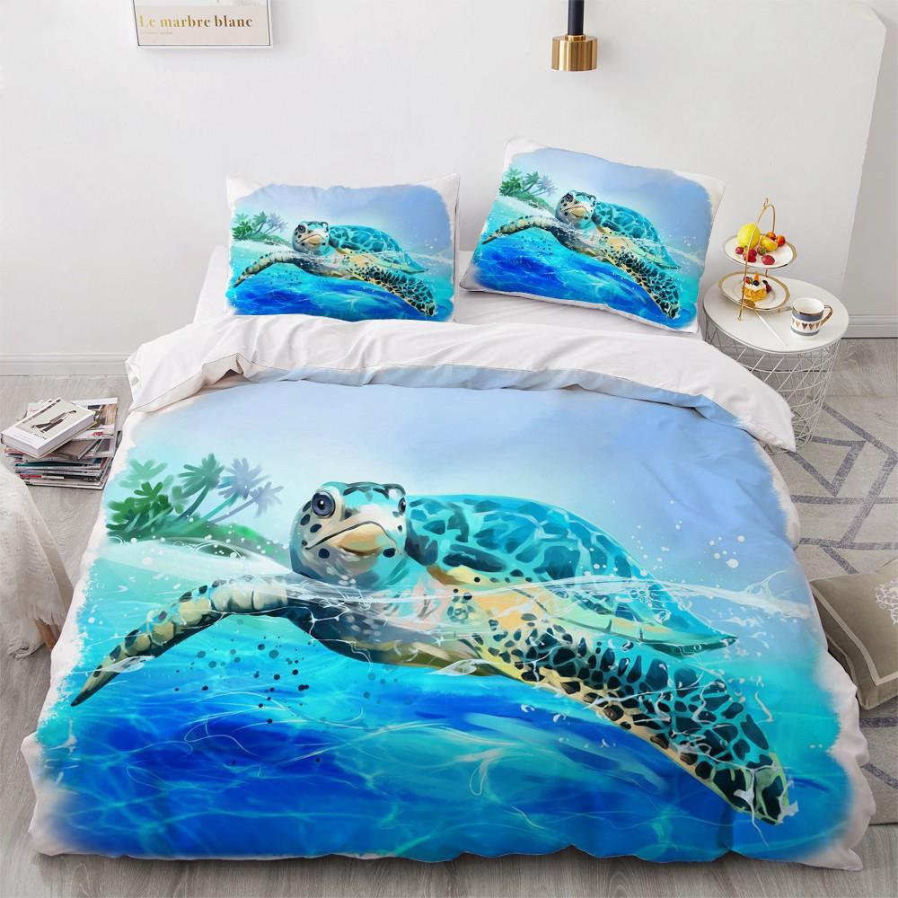 Dolphin Ocean King Queen Duvet Cover Cute 3D Sea Animal Bedding Set For Kids Teens Adults Shoal Of Fish Blue 2/3pcs Quilt Cover