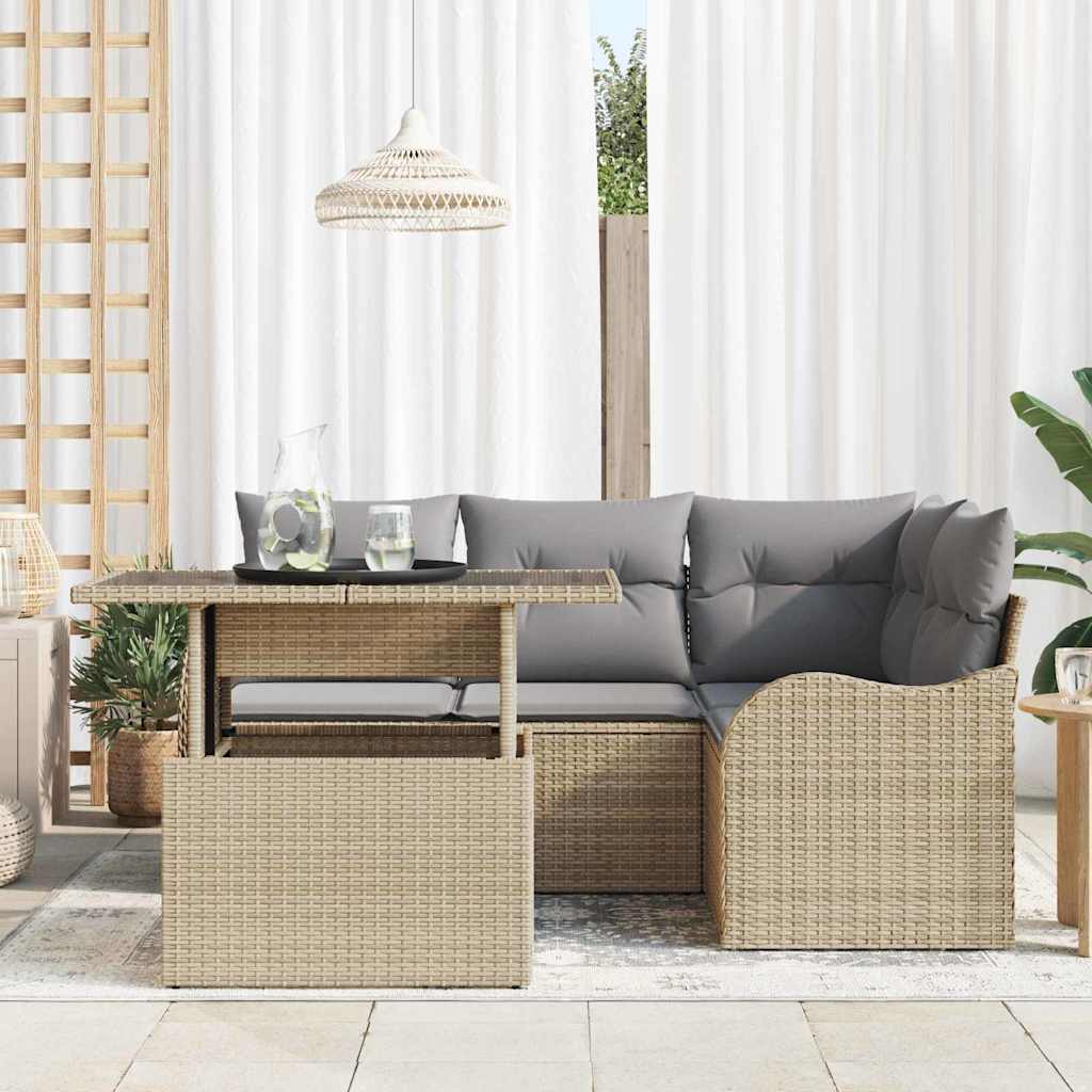 Outdoor Dining Set with Cushions 5 Pcs Beige Poly Rattan