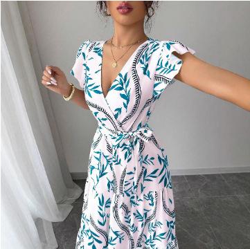 A-line Skirt Lace-up Floral Beach Hem Vacation Glamorous Print 2026 Party Short Sleeve Fashion Frilly Elegant Women