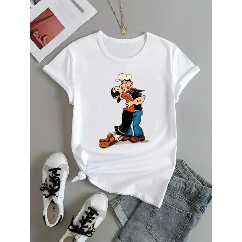European Sizes Popeye Valentine'S Day Graphic T-Shirt, Casual Round Neck Short Sleeve Top, Made with Stretchy Regular Fit, Suitable for All Seasons