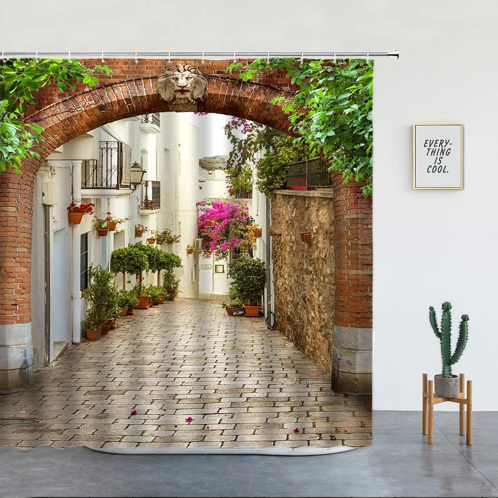 Landscape Street Flower Shower Curtain Retro Italian Old Town Architecture Floral Waterproof Cloth Bathroom Curtains Decor Hooks