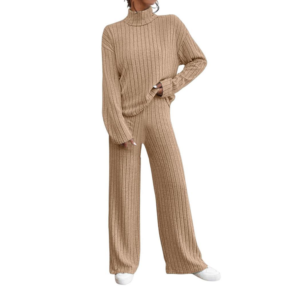 Women 2 Piece Casual Outfit, Turtleneck Knit Long Sleeve Sweatshirt & Loose Pants Set for Autumn Winter