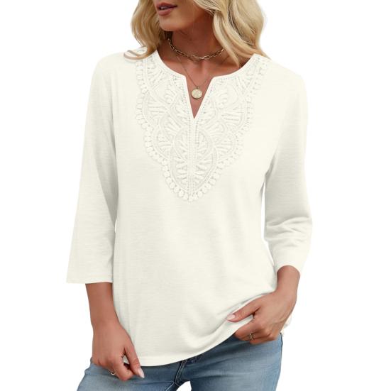 Tops para Mujer de Manga Tres Cuartos con Cuello en V Camisetas con Patrón de Bordado Hueco Corte Holgado Blusa Casual para Uso Diario