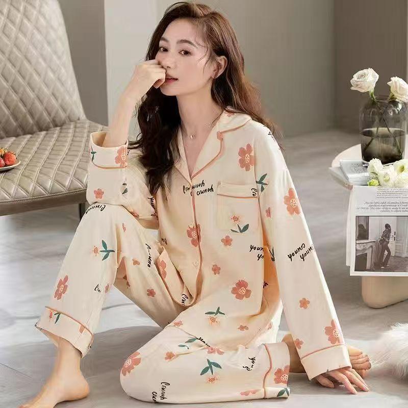 Pajamas women's spring and autumn 100% pure cotton long-sleeved plus size purple high-end autumn and winter cardigan loungewear two-piece set