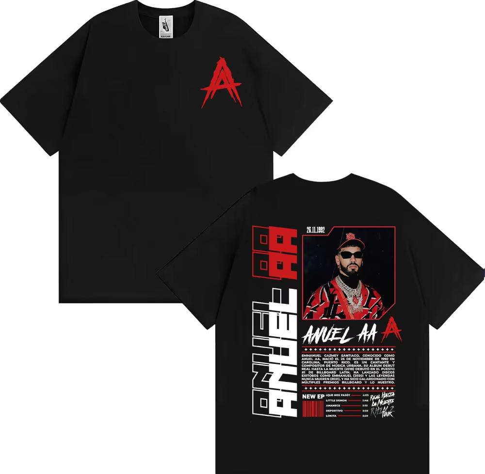 Camisetas de gira del álbum Rapper Anuel AA Rhlm 2 Primavera Verano 2026 Moda Masculina Hip Hop High Street Cuello Redondo Manga Corta Top Unisex