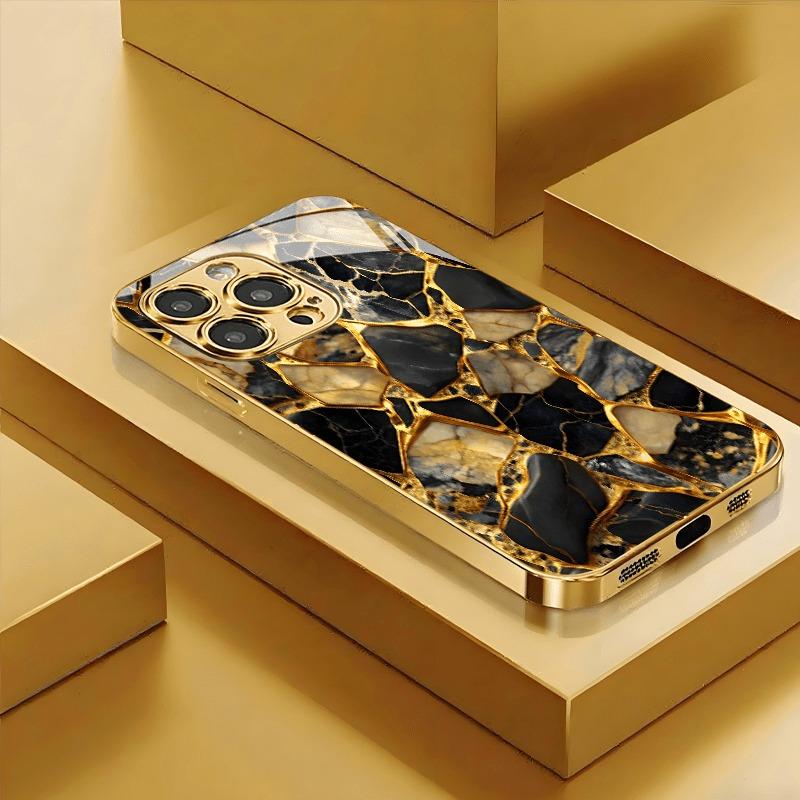Schwarz Gold Marmor Gold Metallic Lack Glas Handyhülle Für iPhone 17 16 15 Pro Max 14 13 12 11 Pro 15 14 Plus 17 Air 16E Hülle