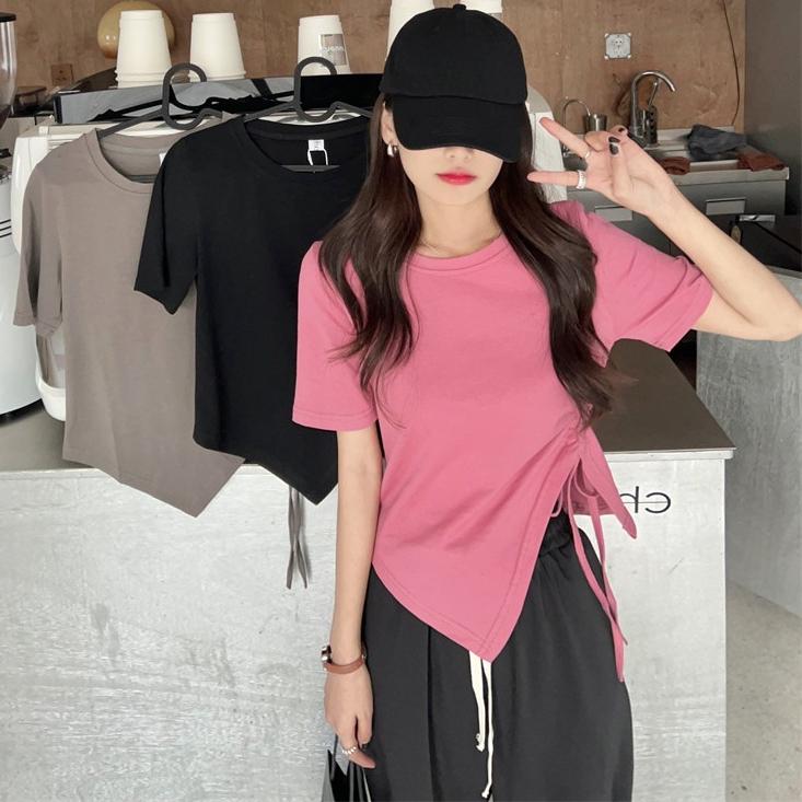 Summer Irregular Short Sleeve T-shirts for Women Thin Cotton Solid Drawstring Casual Slim T Shirt Harajuku Student Y2k Crop Tops