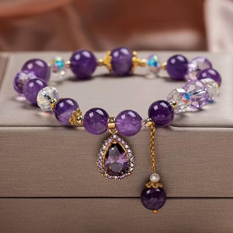 Mode Paarse Kristallen Kralen Armbanden voor Vrouwen Ronde Kralen Paars Klavertje Vier Hanger Armband Geluk Stretch Handketting Sieraden voor Bruiloft