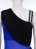 Womens Ruched Skirt Jumpsuit Color Block Asymmetrical Shoulders Rhinestones Figure Skating Bodysuit