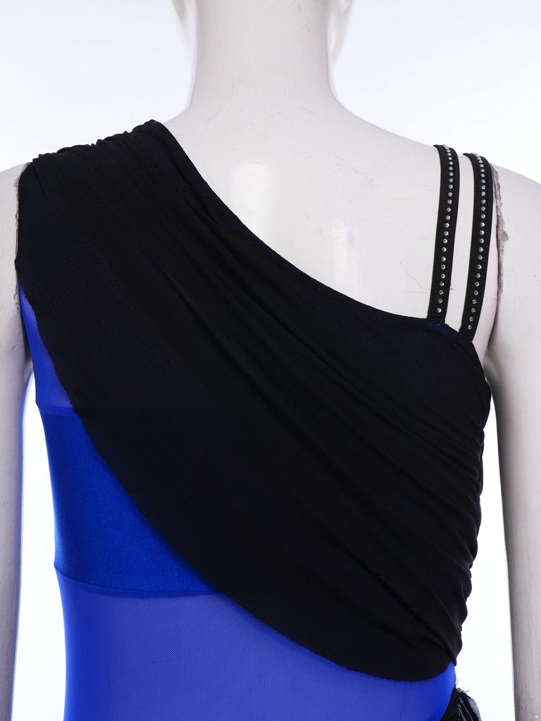 Womens Ruched Skirt Jumpsuit Color Block Asymmetrical Shoulders Rhinestones Figure Skating Bodysuit